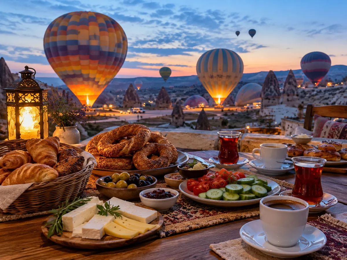 Un desayuno ligero con bollería, simit, té y café mientras los globos se inflan al alba